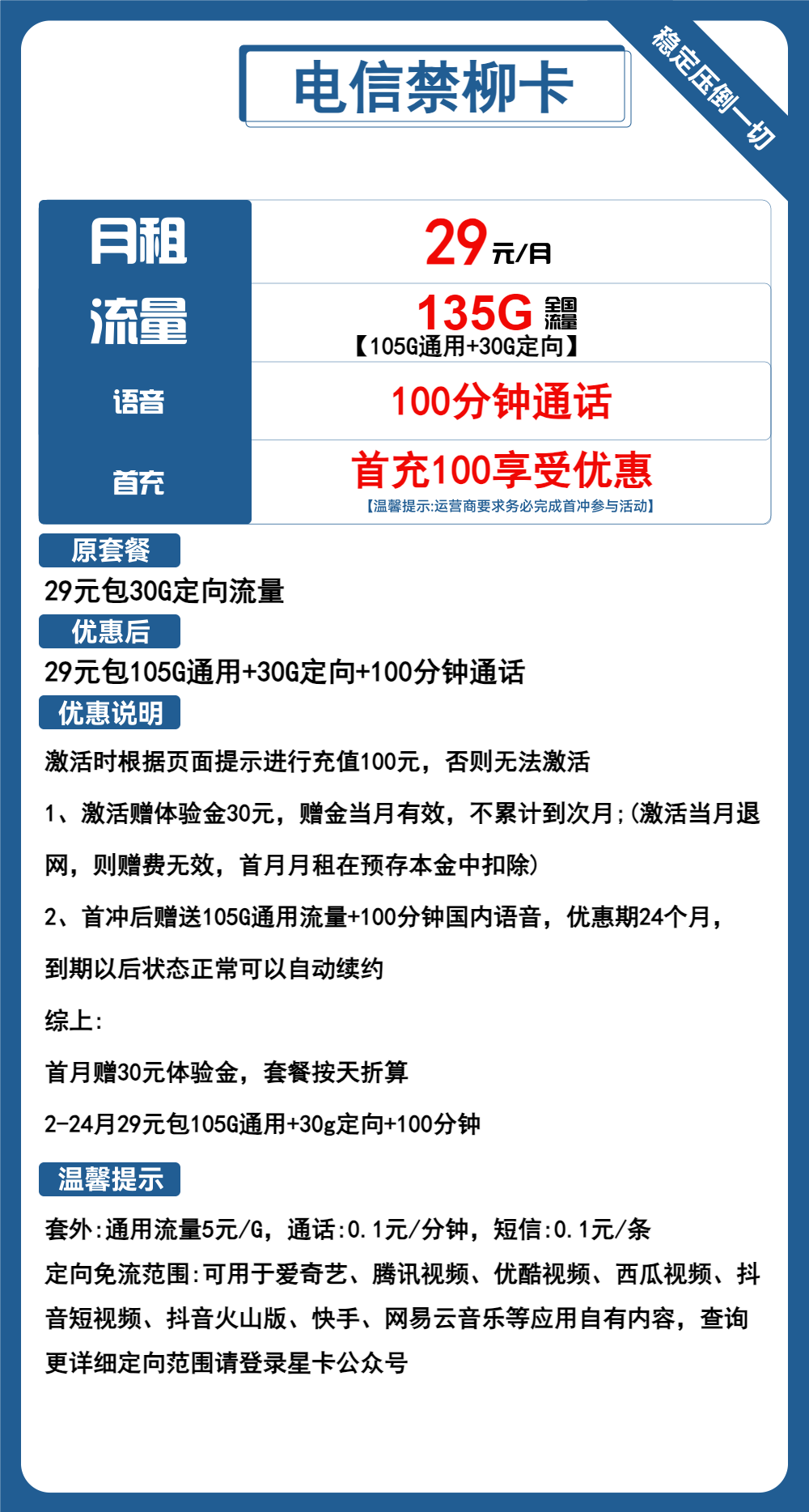 电信禁柳卡29元包105G通用+30G定向+100分钟通话