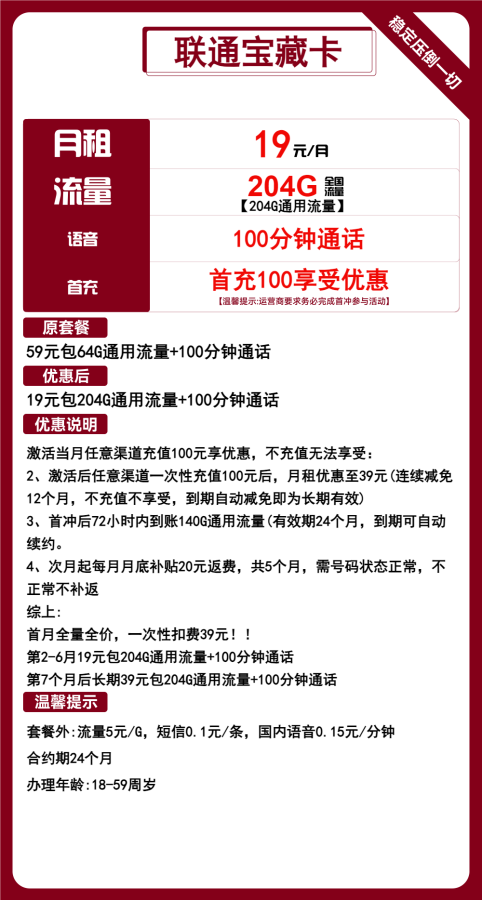 联通宝藏卡19元包204G通用+100分钟通话