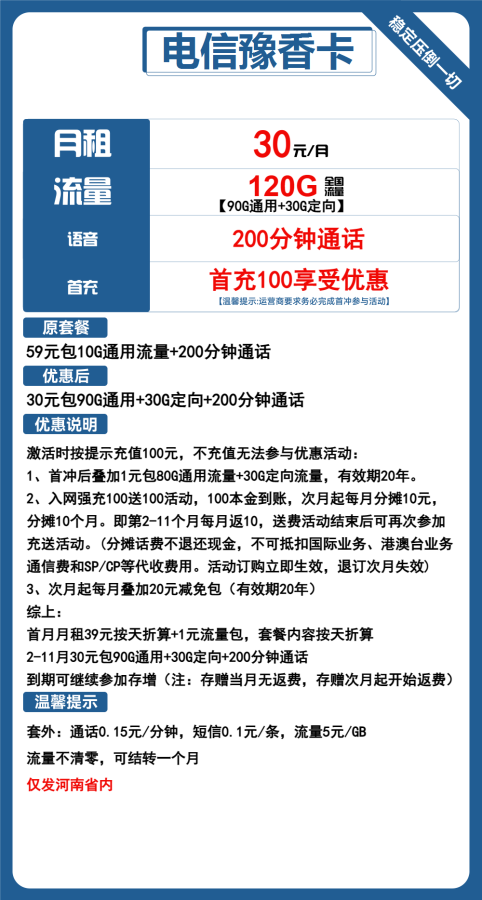 电信豫香卡30元包90G通用+30G定向+200分钟通话