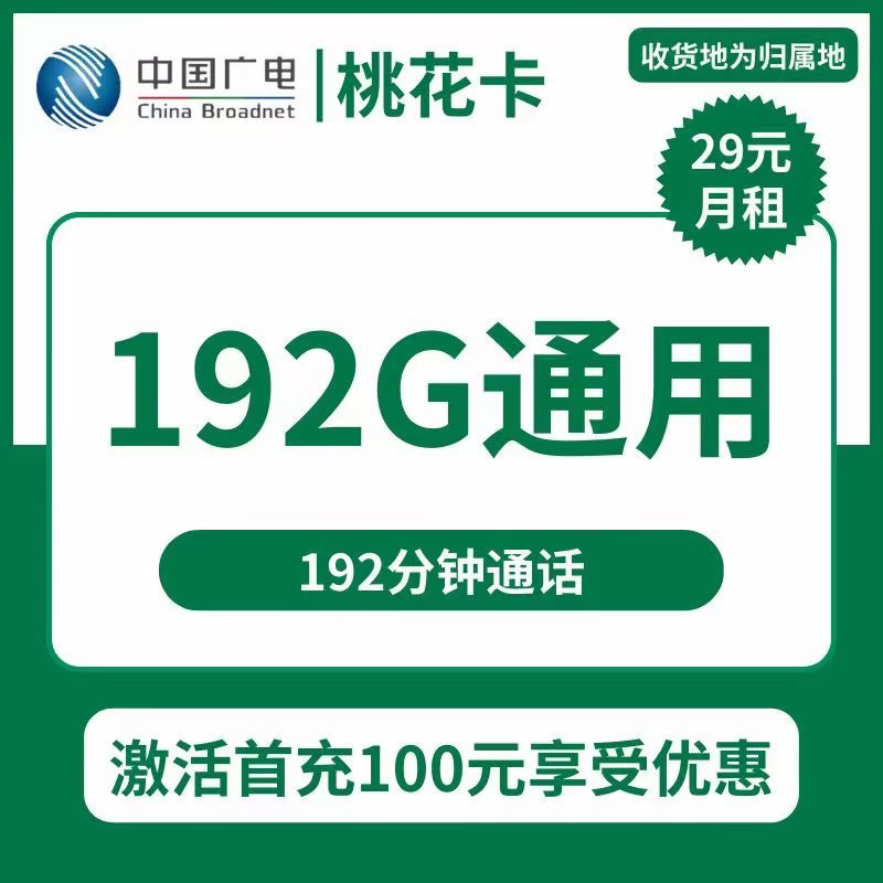 广电桃花卡29元包192G通用+192分钟通话
