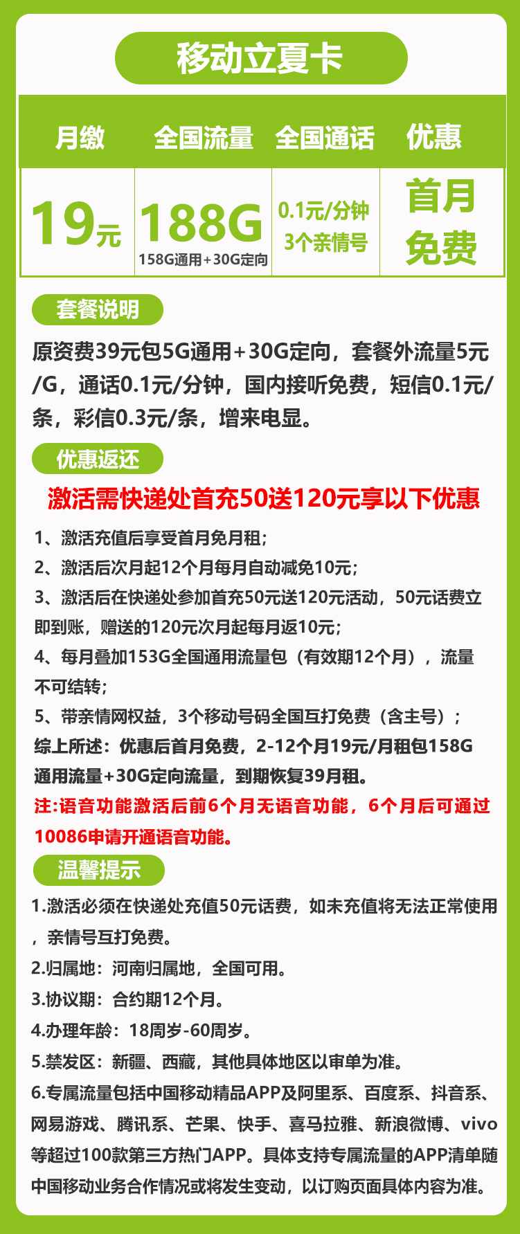 移动立夏卡19元188G（六个月后开通语音功能）