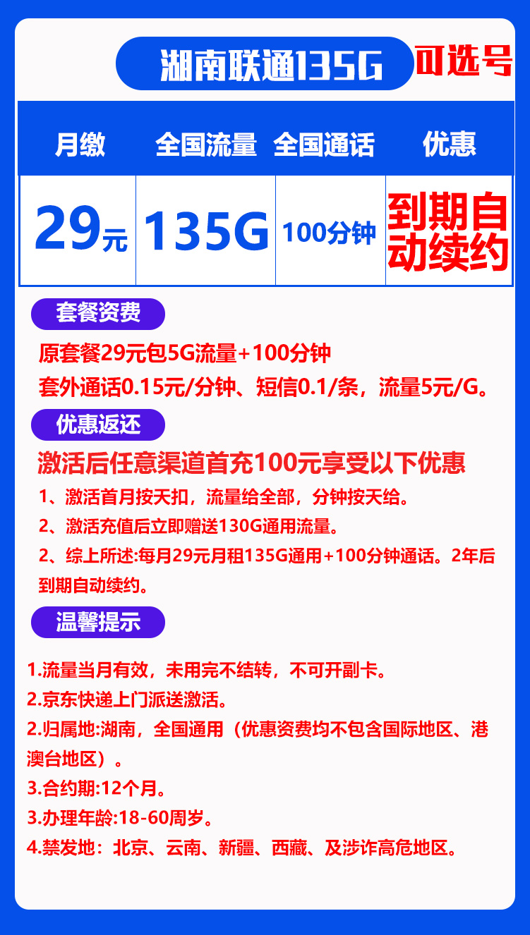 联通湖南秒返卡29元135G+100分钟（可处理15天订单/到期自动续约）