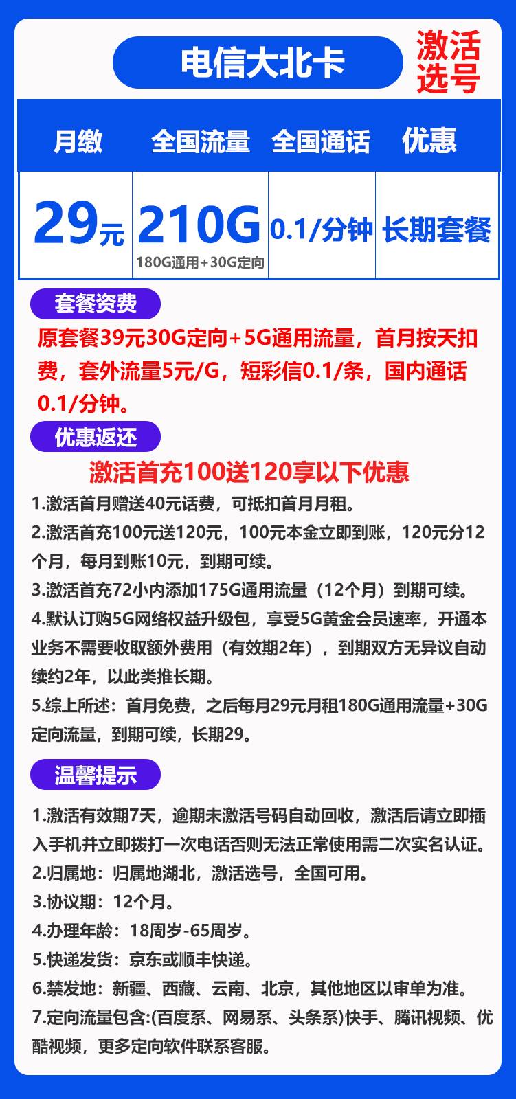 电信大北卡29元210GB（长期套餐）BXH