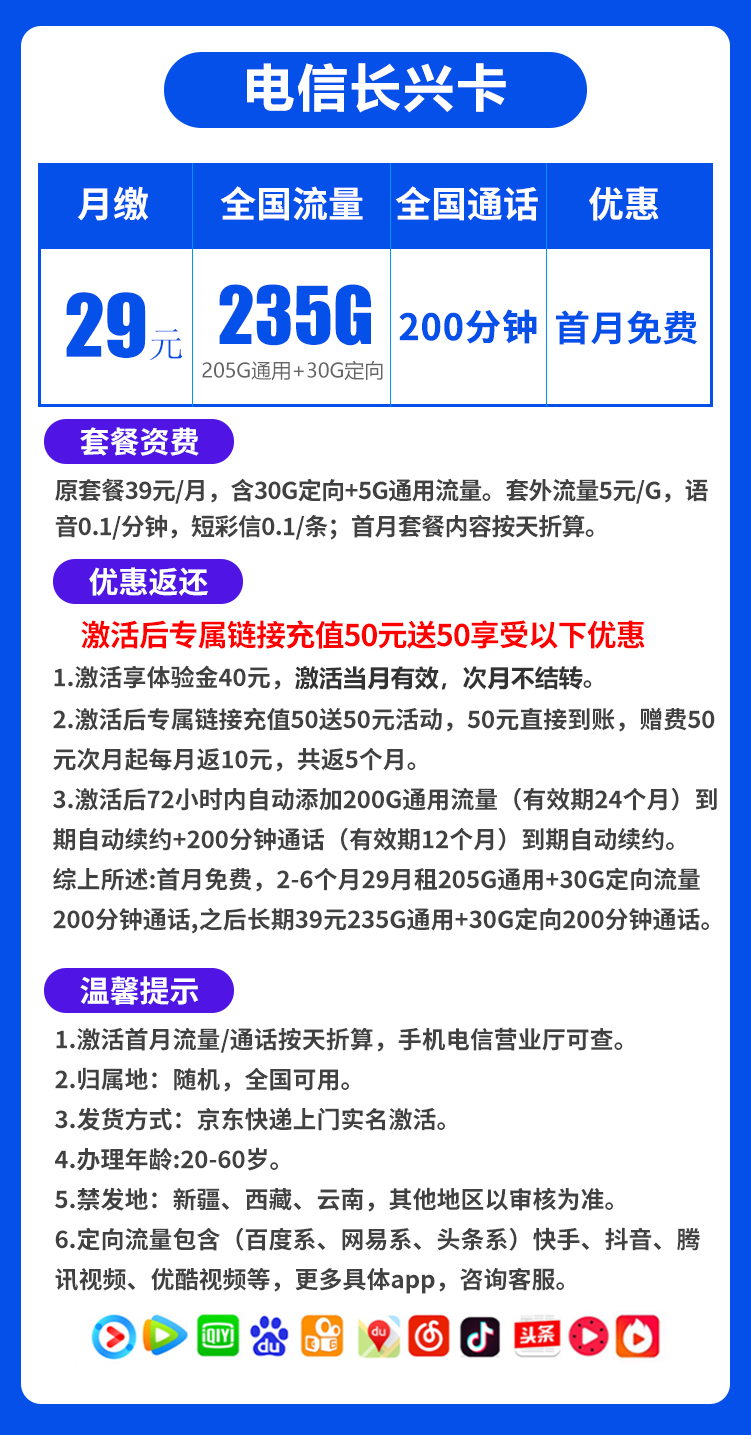 电信长兴卡29元235G+200分钟