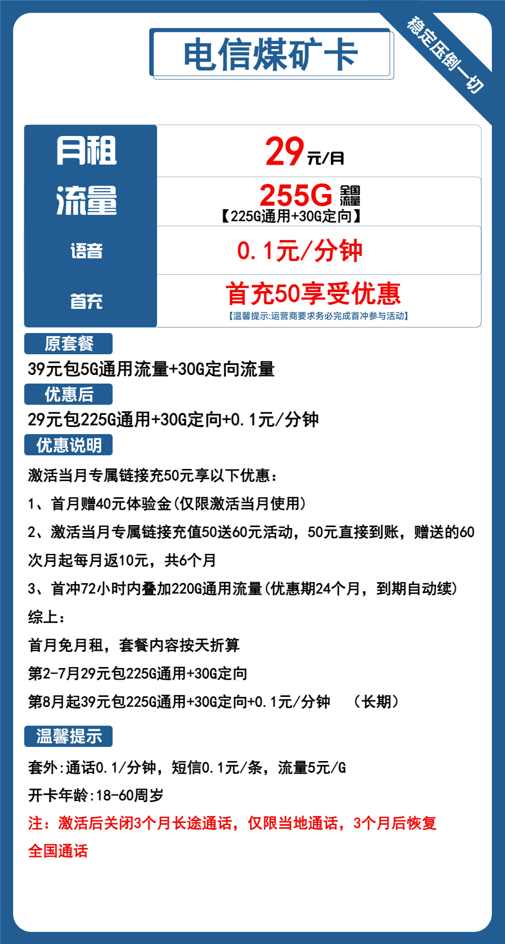 电信煤矿卡29元包225G通用+30G定向+通话0.1元/分钟