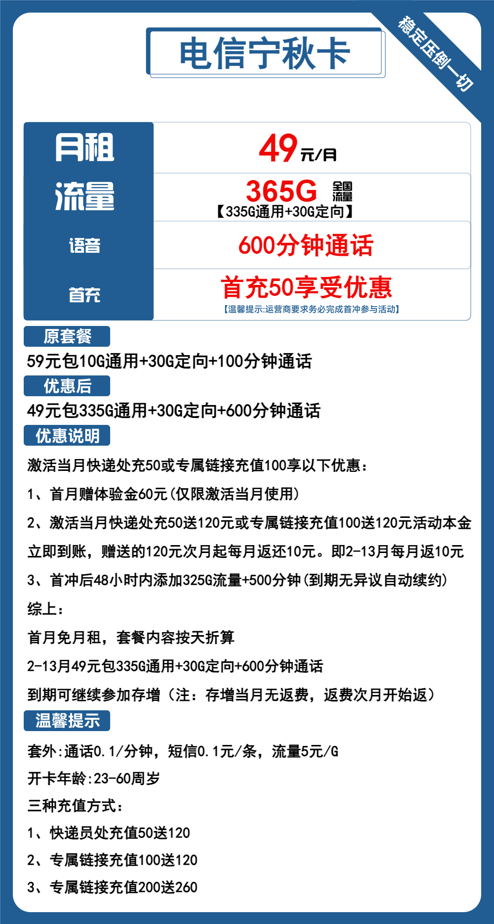 电信宁秋卡49元包335G通用+30G定向+600分钟通话