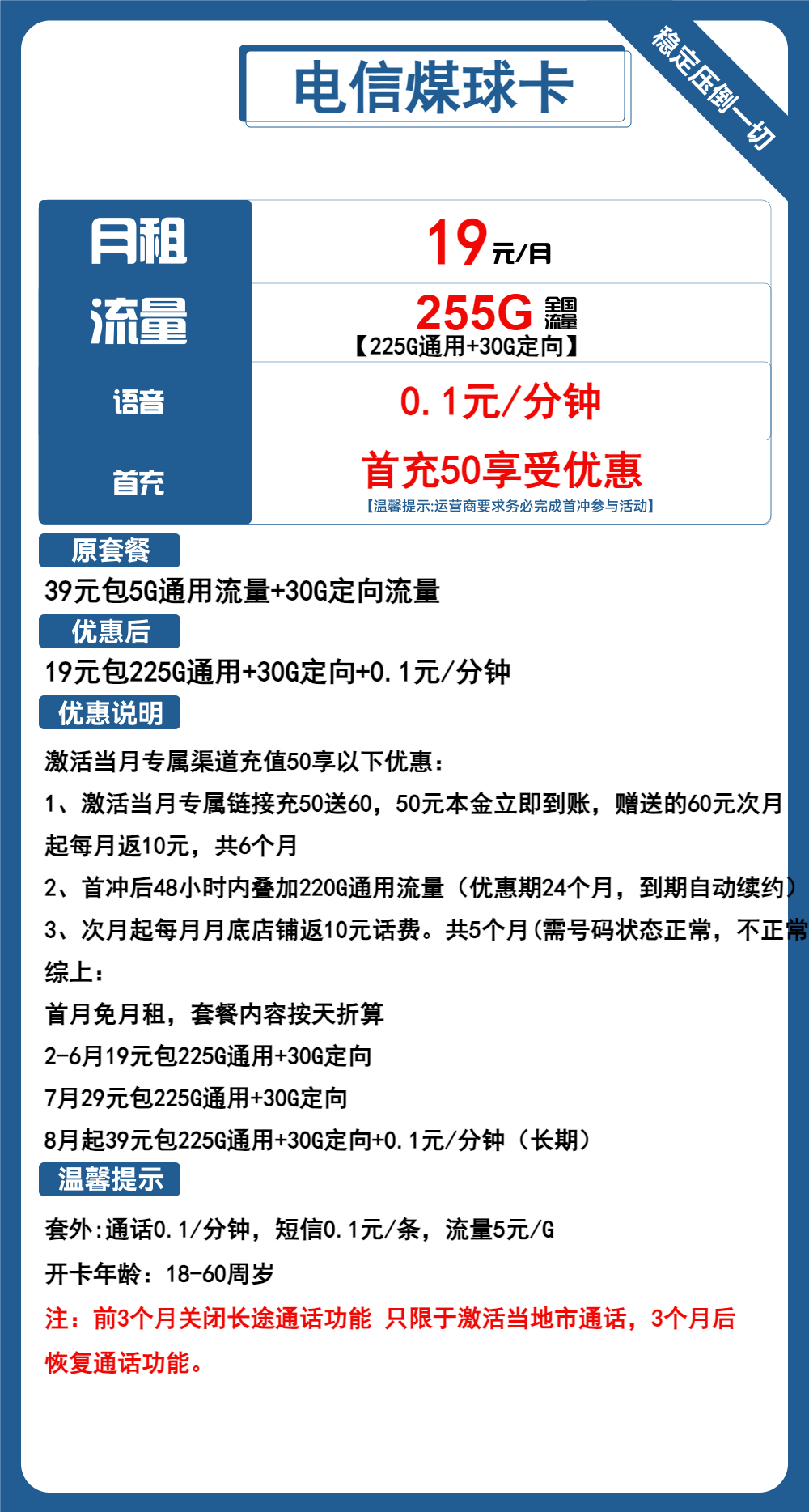 电信煤球卡19元包225G通用+30G定向+通话0.1元/分钟