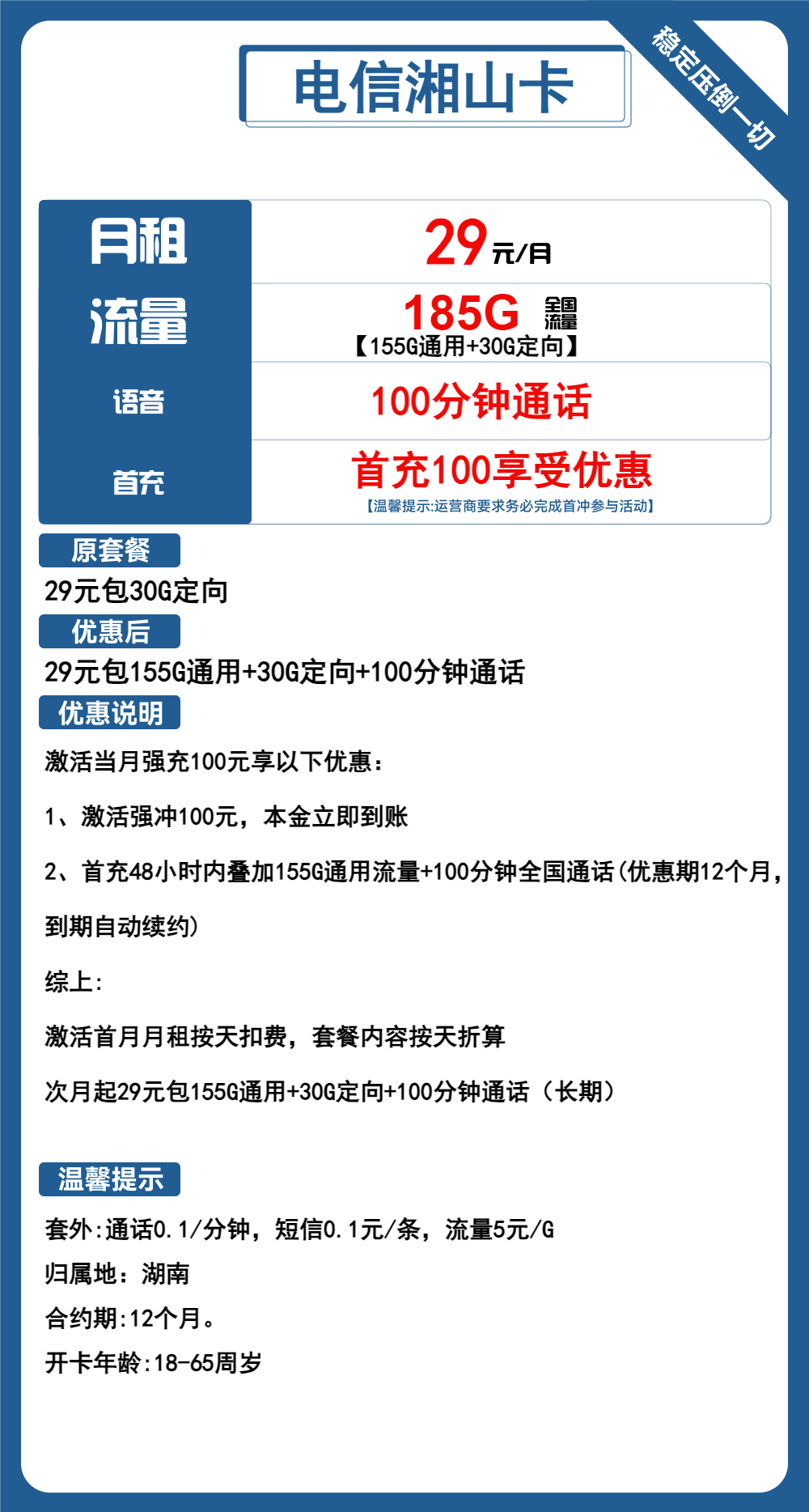 电信湘山卡29元包155G通用+30G定向+100分钟通话
