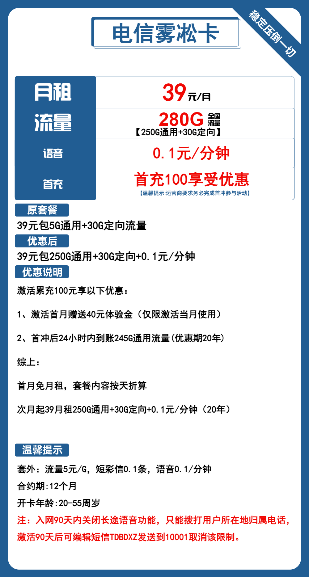 电信雾凇卡39元包250G通用+30G定向+通话0.1元/分钟