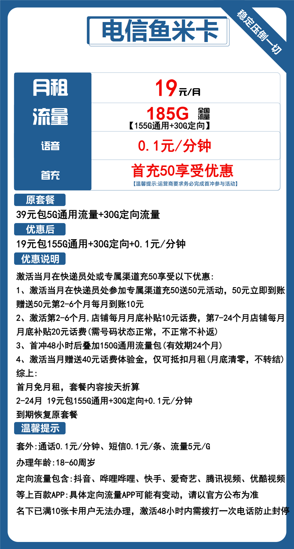 电信鱼米卡19元包155G通用+30G定向+通话0.1元/分钟