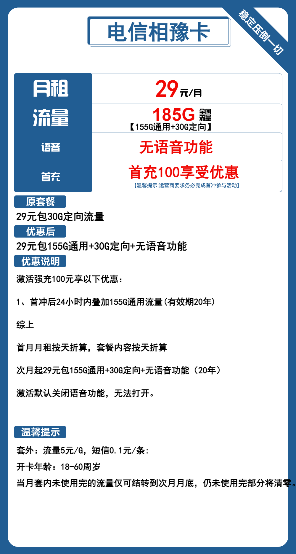 电信相豫卡29元包155G通用+30G定向+无语音功能