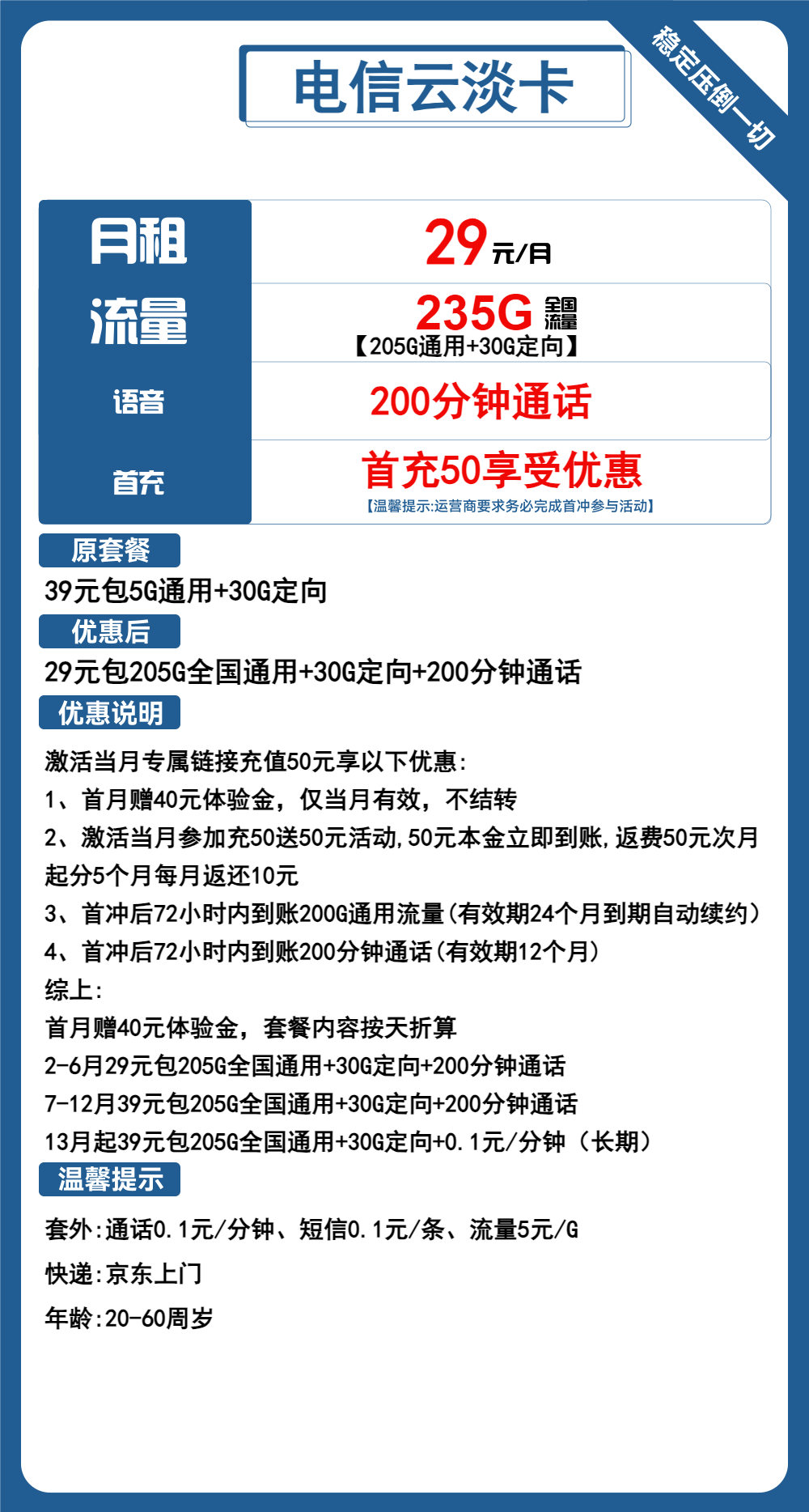 电信云淡卡29元包205G通用+30G定向+200分钟通话
