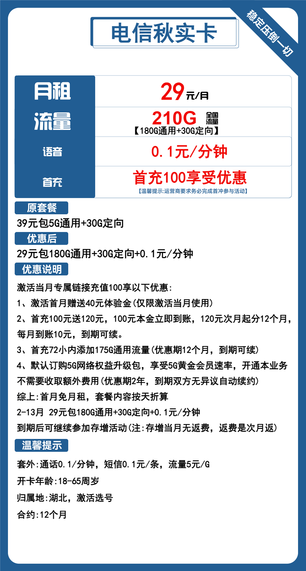 电信秋实卡29元包180G通用+30G定向+通话0.1元/分钟