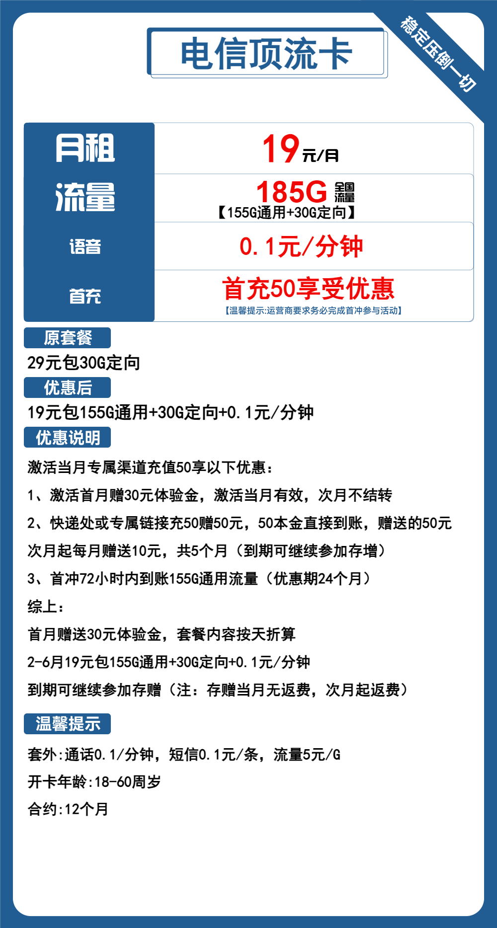 电信顶流卡19元包155G通用+30G定向+通话0.1元/分钟
