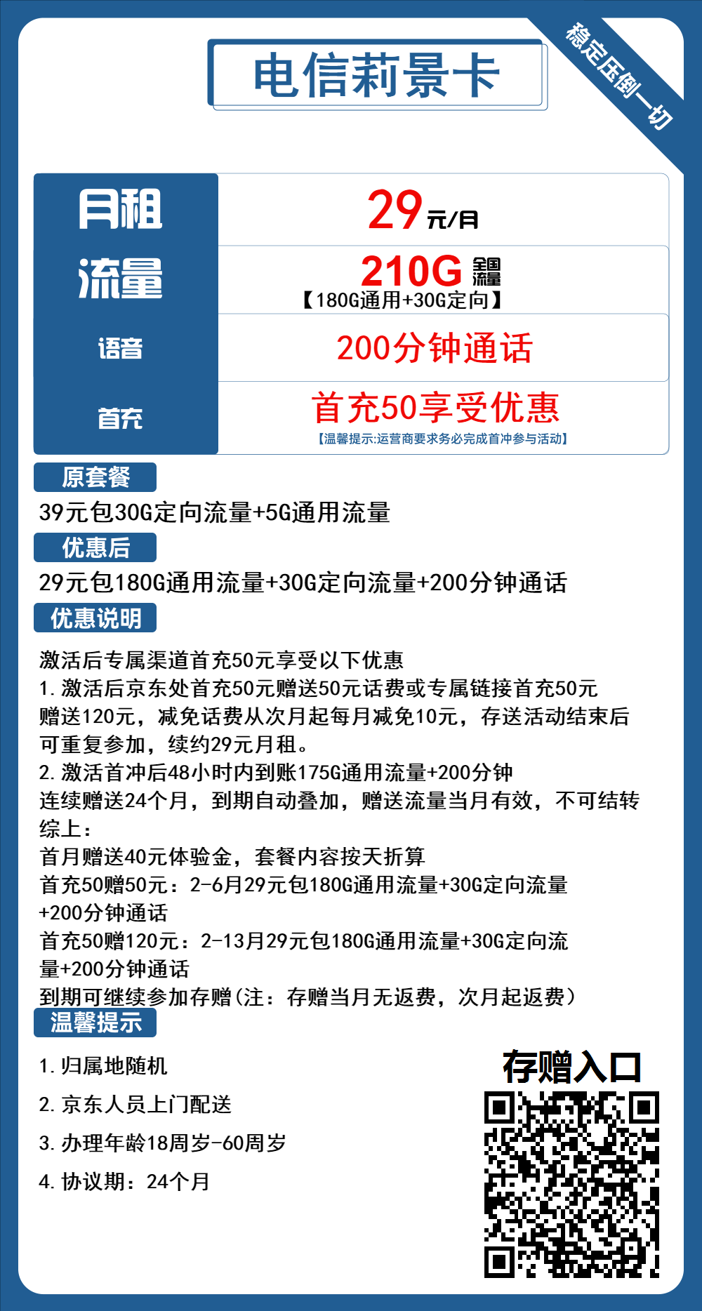 电信莉景卡29元包180G通用+30G定向+200分钟通话