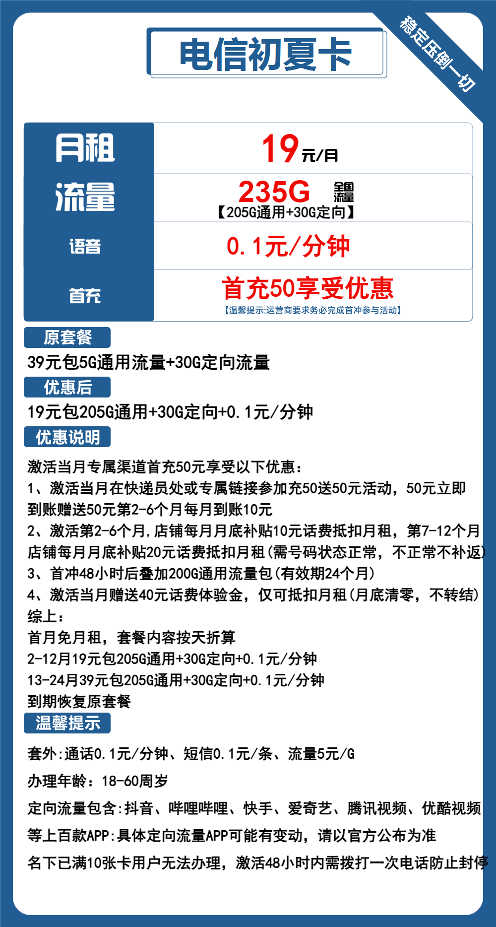 电信初夏卡19元包205G通用+30G定向+通话0.1元/分钟