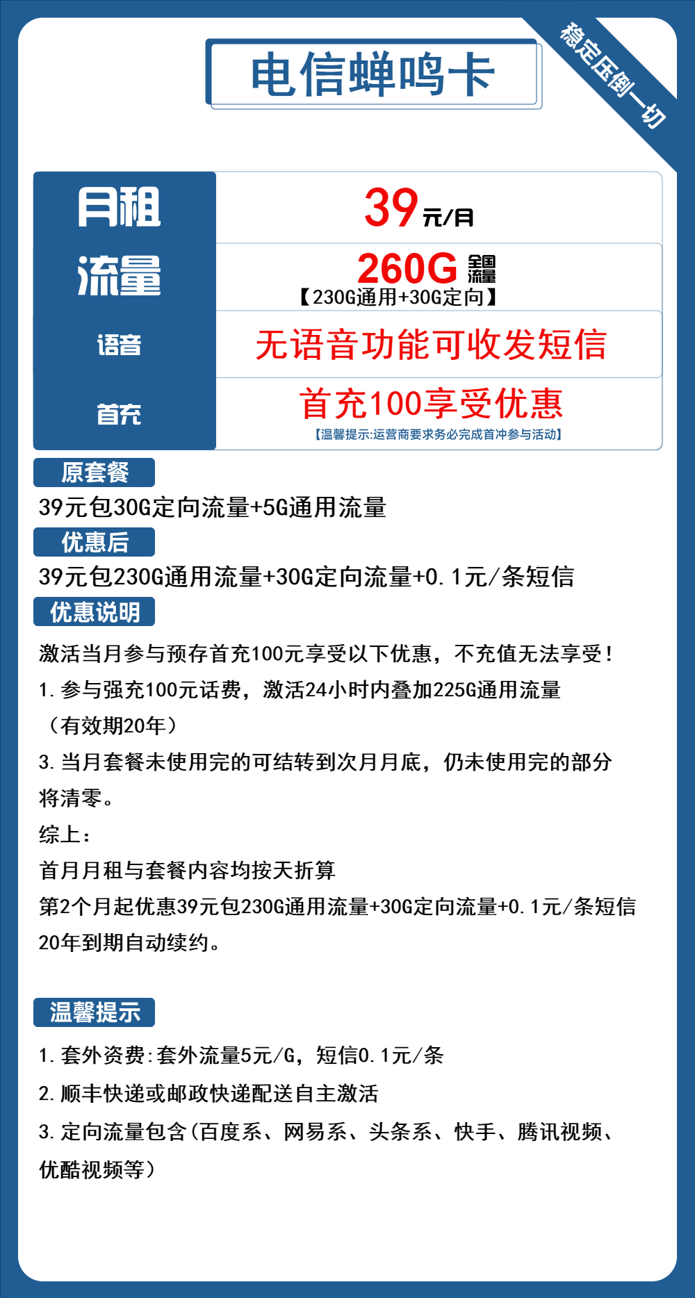 电信蝉鸣卡39元包230G通用+30G定向+无语音功能