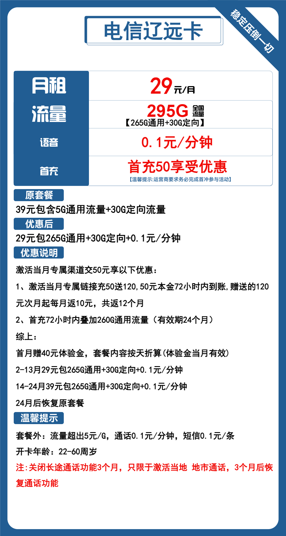 电信辽远卡29元包265G通用+30G定向+通话0.1元/分钟