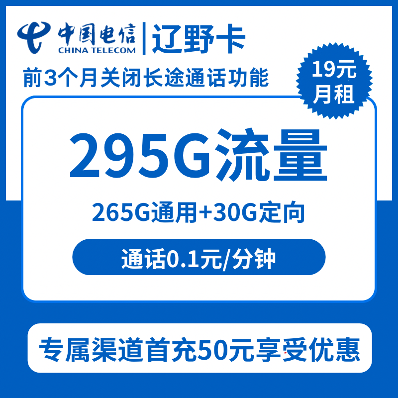 电信辽野卡19元包265G通用+30G定向+通话0.1元/分钟