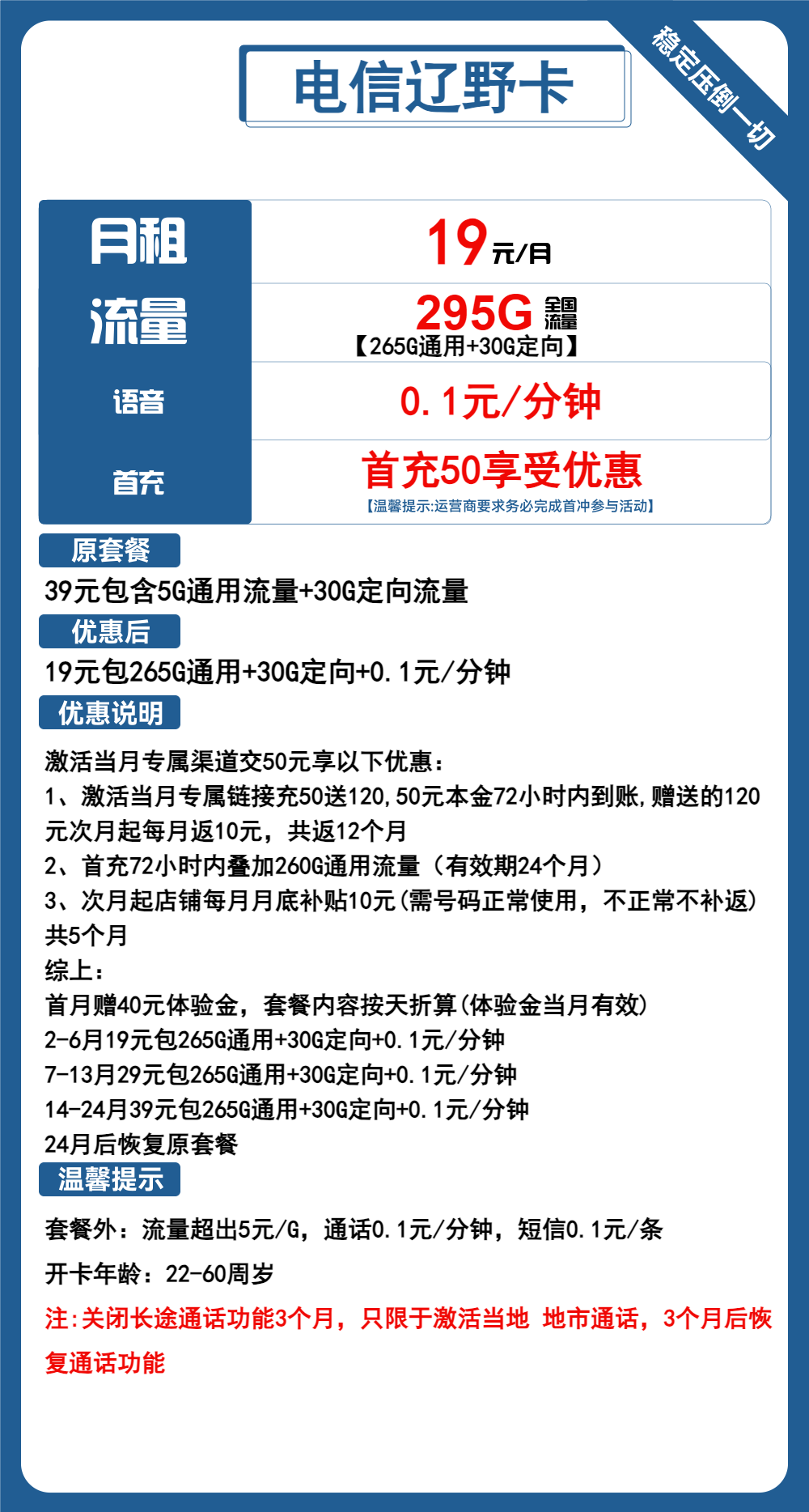 电信辽野卡19元包265G通用+30G定向+通话0.1元/分钟