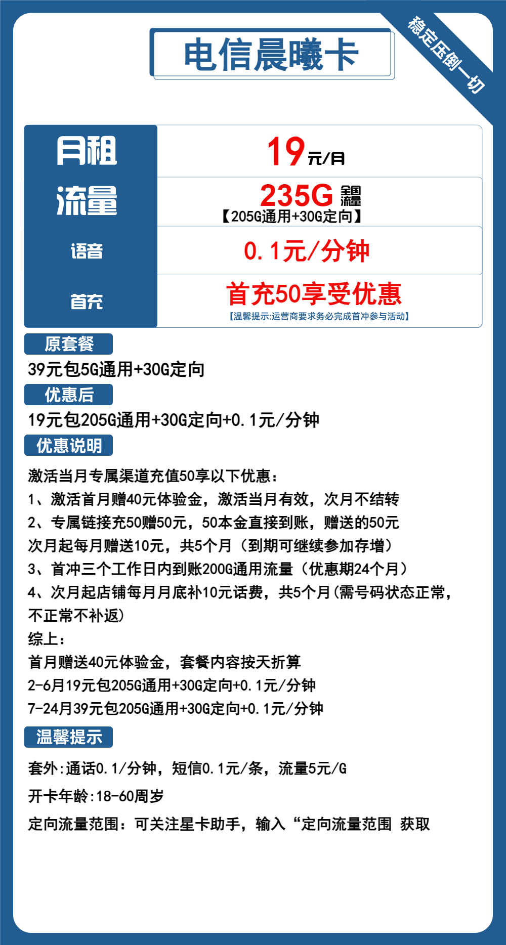 电信晨曦卡19元包205G通用+30G定向+通话0.1元/分钟