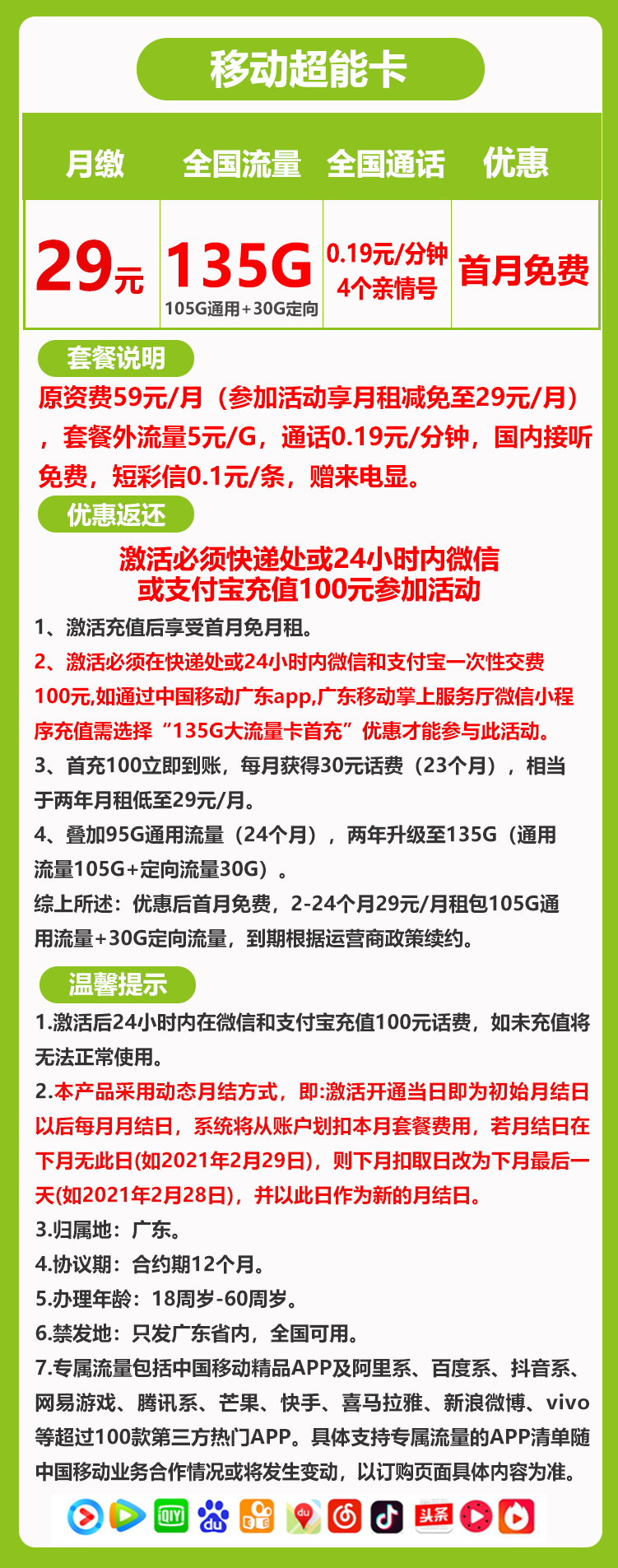 移动超能卡29元135G（两年套餐，收货地即归属地）