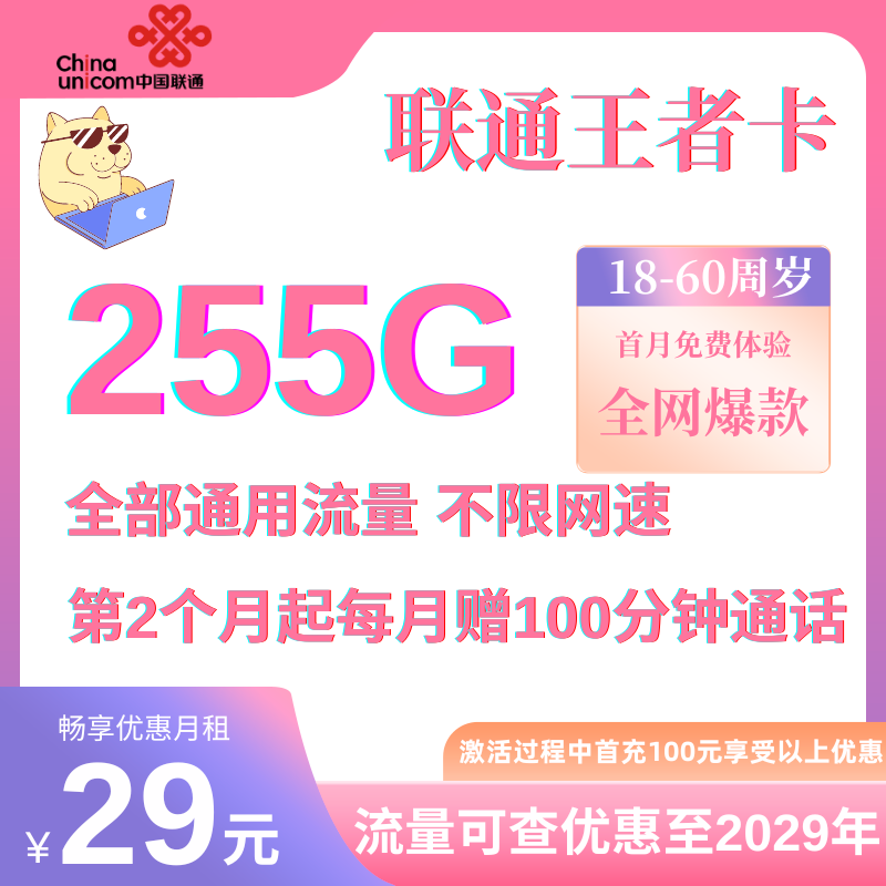 中国联通王者卡②（选号版）29元255G通用流量+100分钟通话（首月免费）