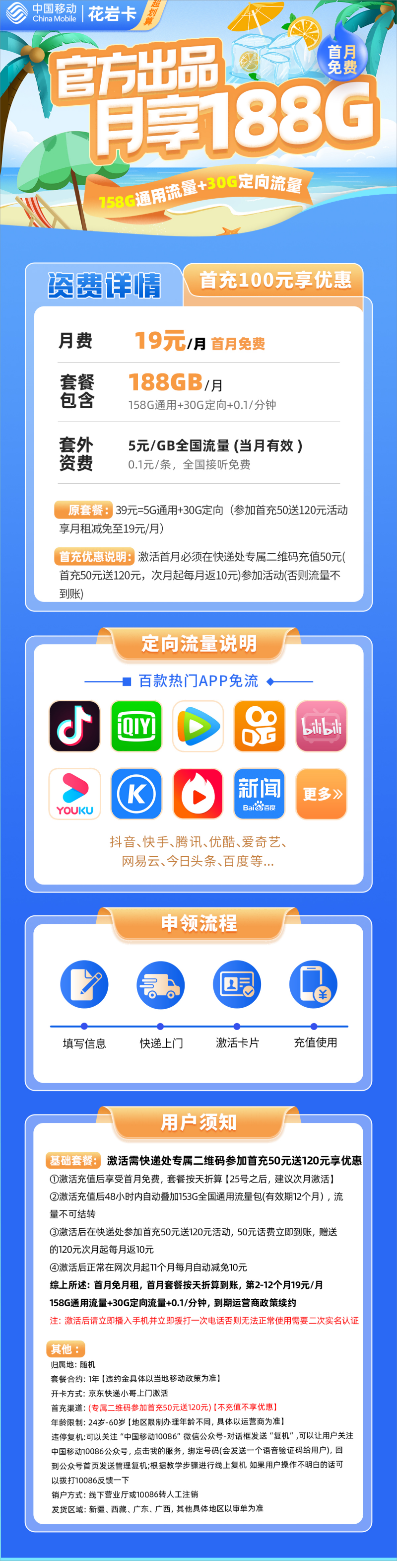 MF移动花岩卡19元包158G通用流量+30G定向流量