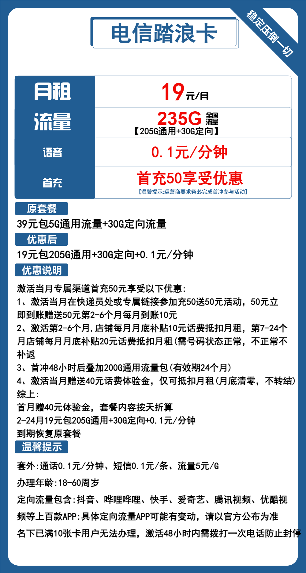 电信踏浪卡19元包205G通用+30G定向+通话0.1元/分钟