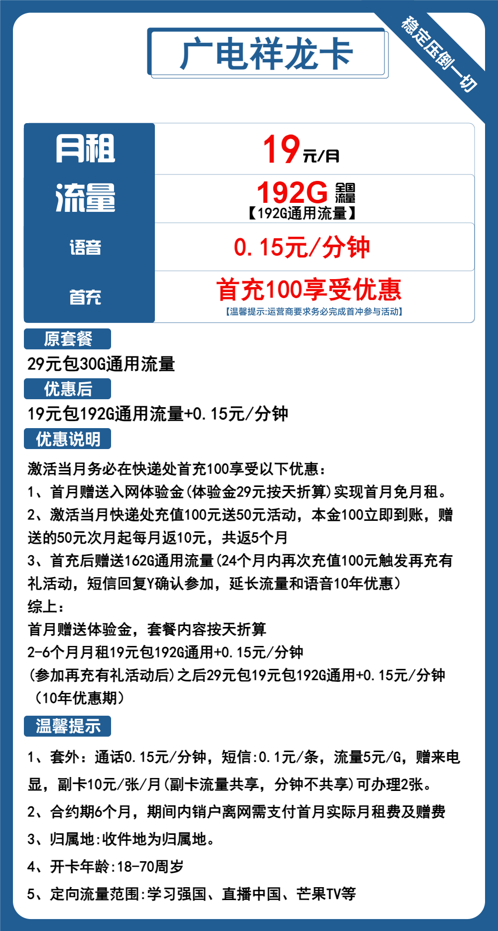 广电祥龙卡19元包192G通用+通话0.15元/分钟