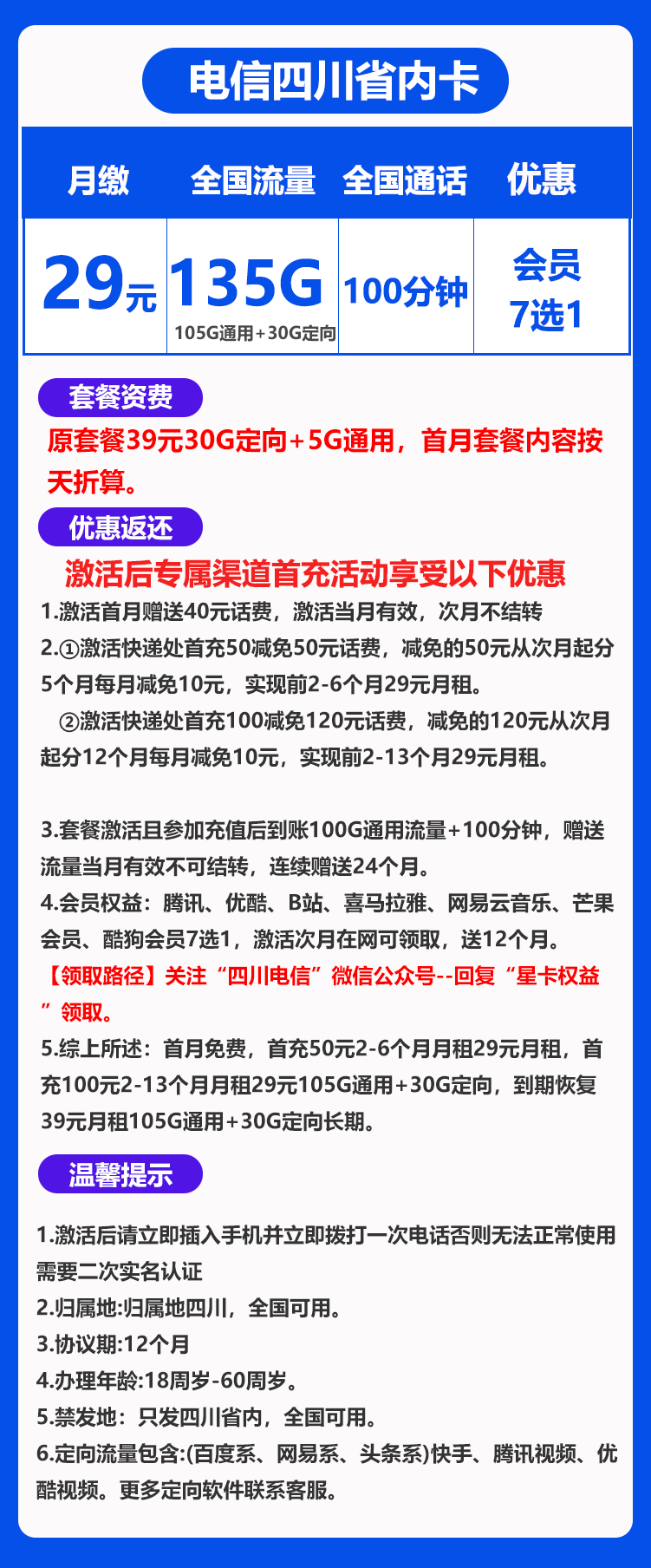 四川省内小四卡29元135G+100分钟（会员七选一）