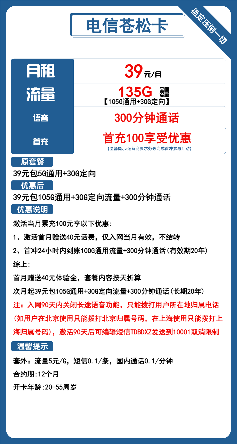 电信苍松卡39元包105G通用+30G定向+300分钟通话