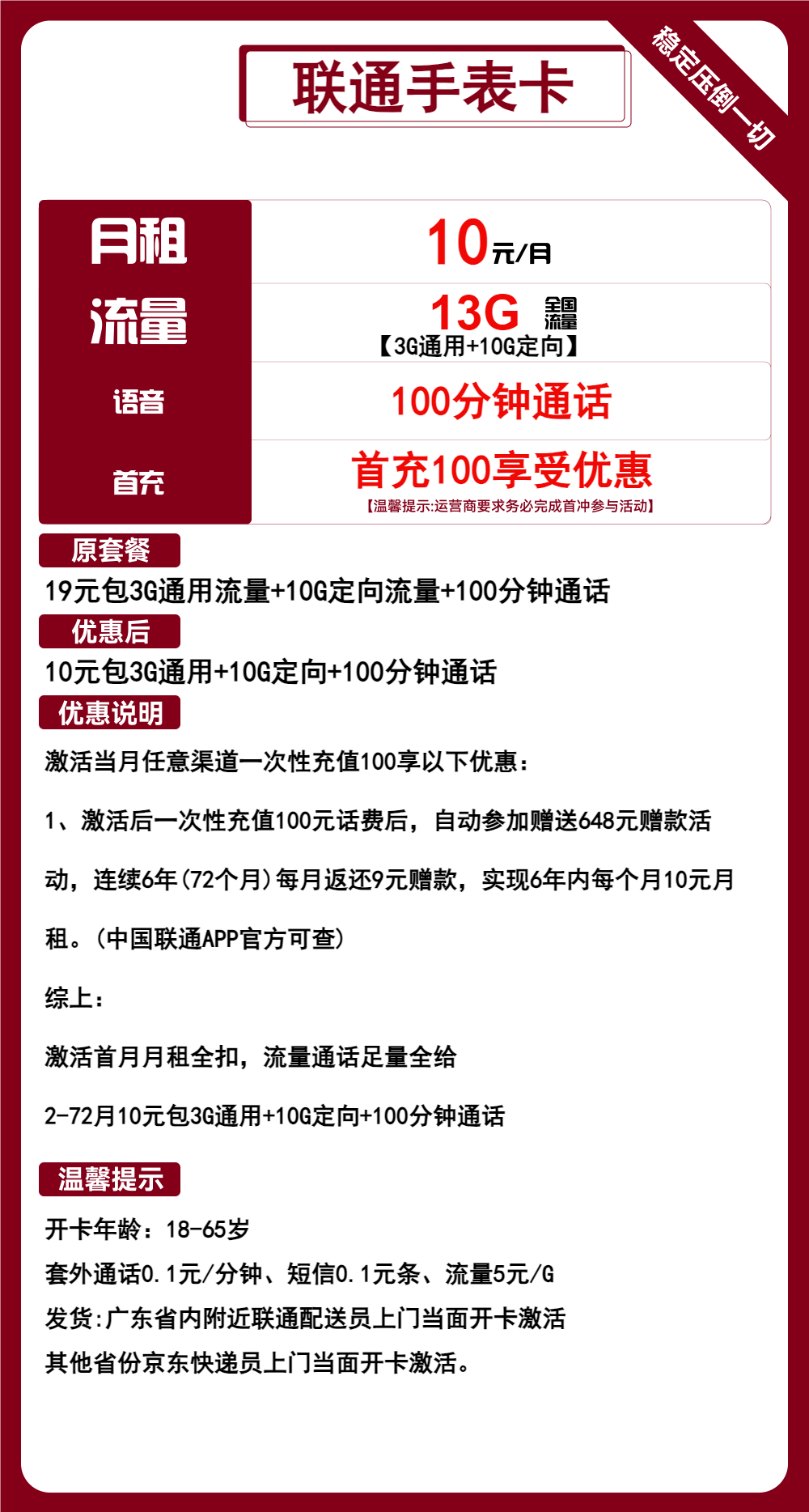 联通手表卡10元包3G通用+10G定向+100分钟通话
