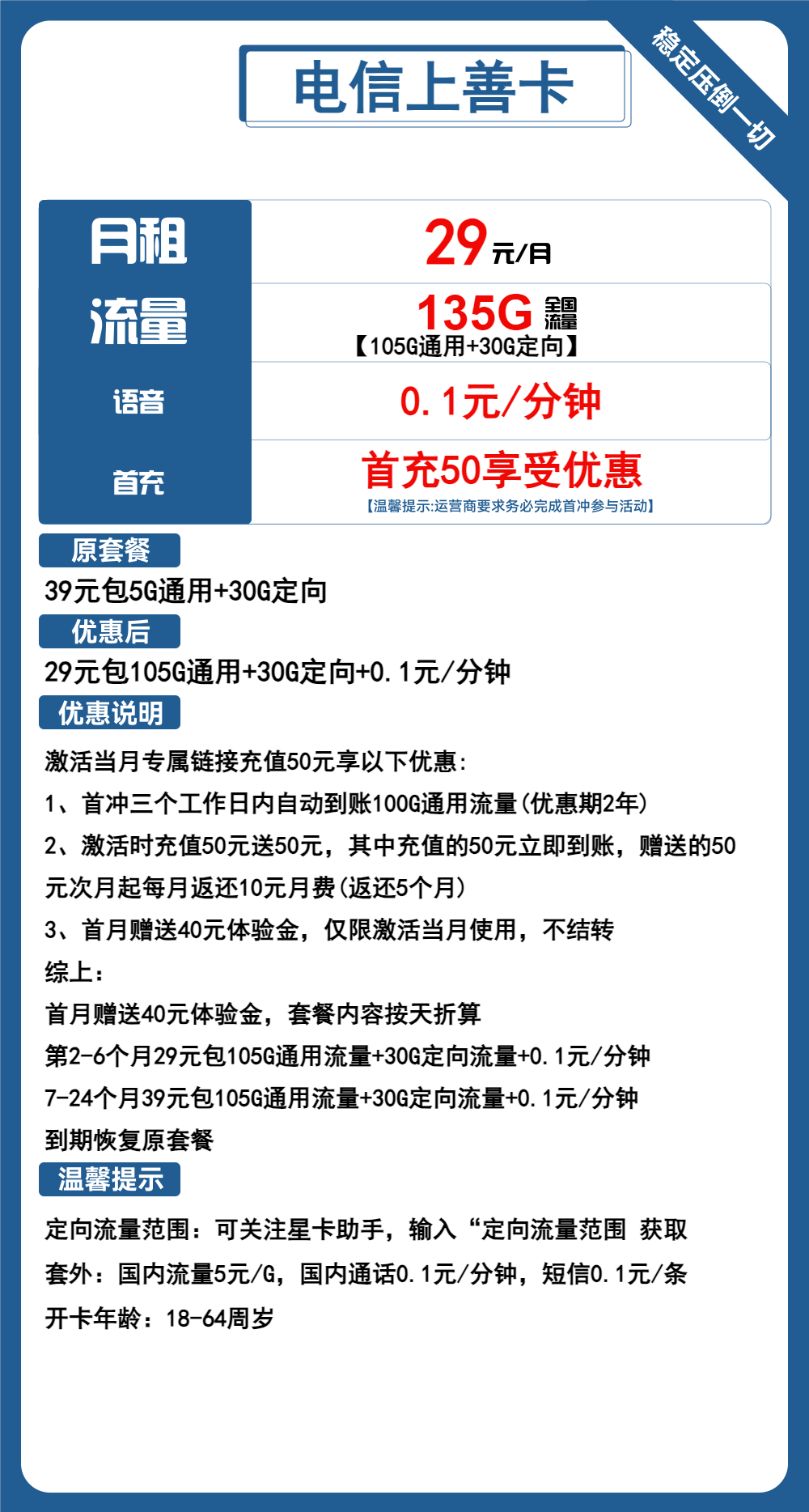 电信上善卡29元包105G通用+30G定向+通话0.1元/分钟