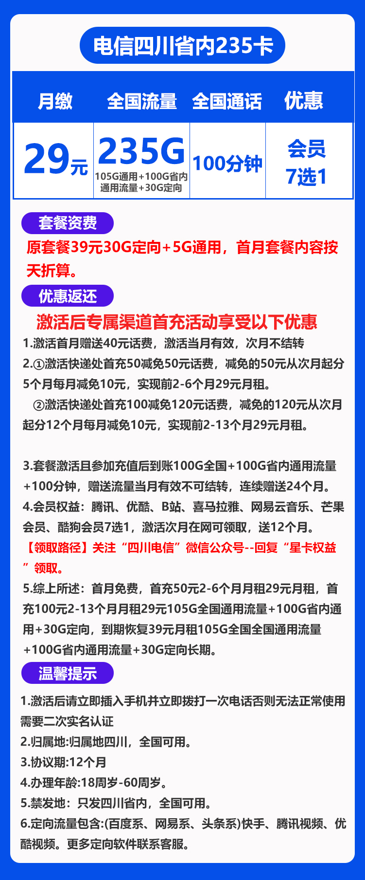 四川省内小四卡29元235G+100分钟（会员七选一）