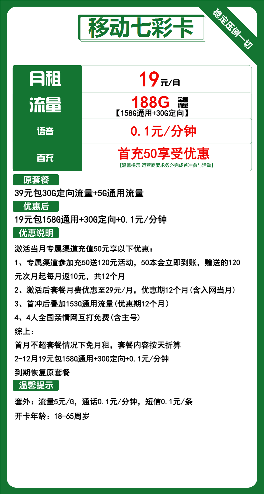 移动七彩卡19元包158G通用+30G定向+通话0.1元/分钟