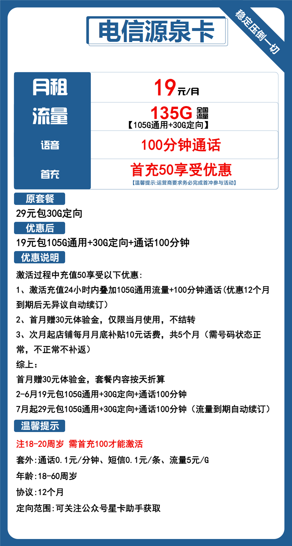 电信源泉卡19元包105G通用+30G定向+100分钟通话