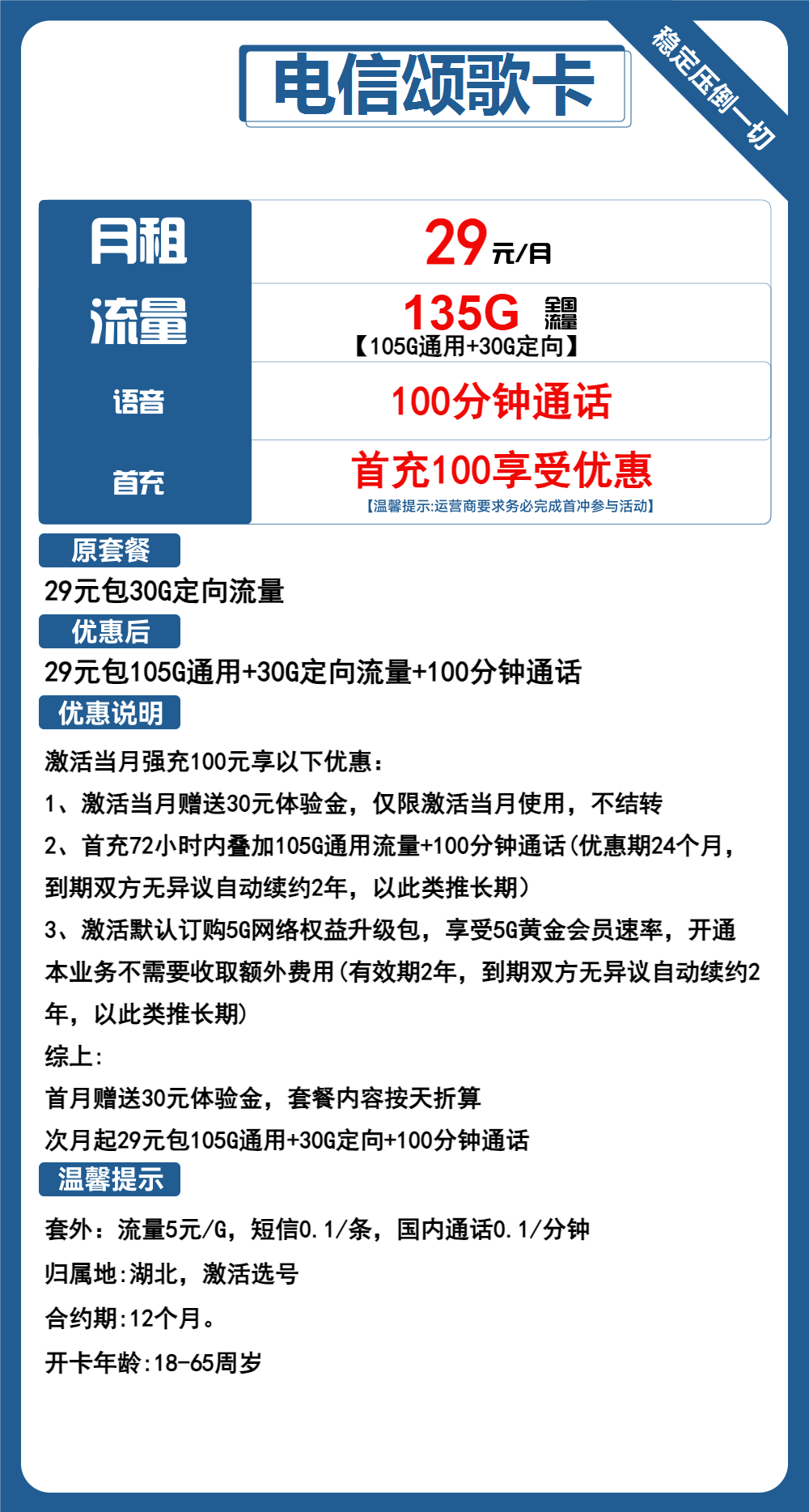 电信颂歌卡29元包105G通用+30G定向+100分钟通话