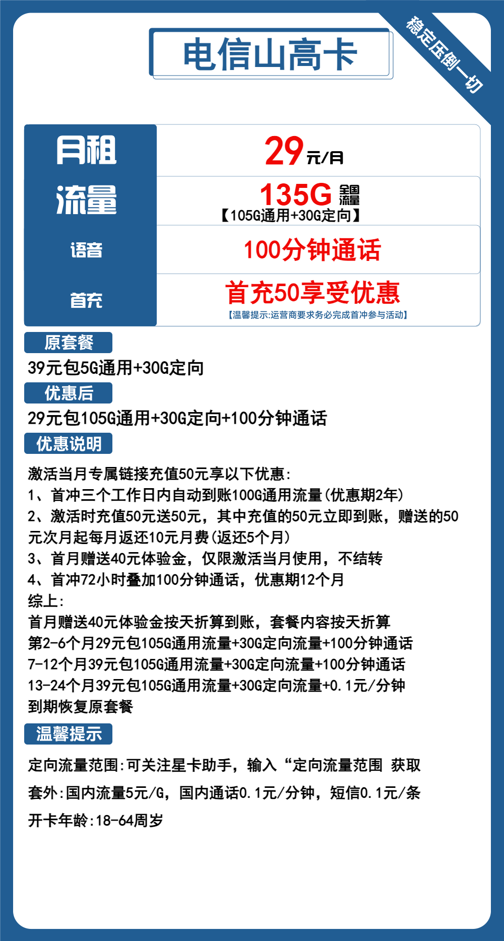 电信山高卡29元包105G通用+30G定向+100分钟通话