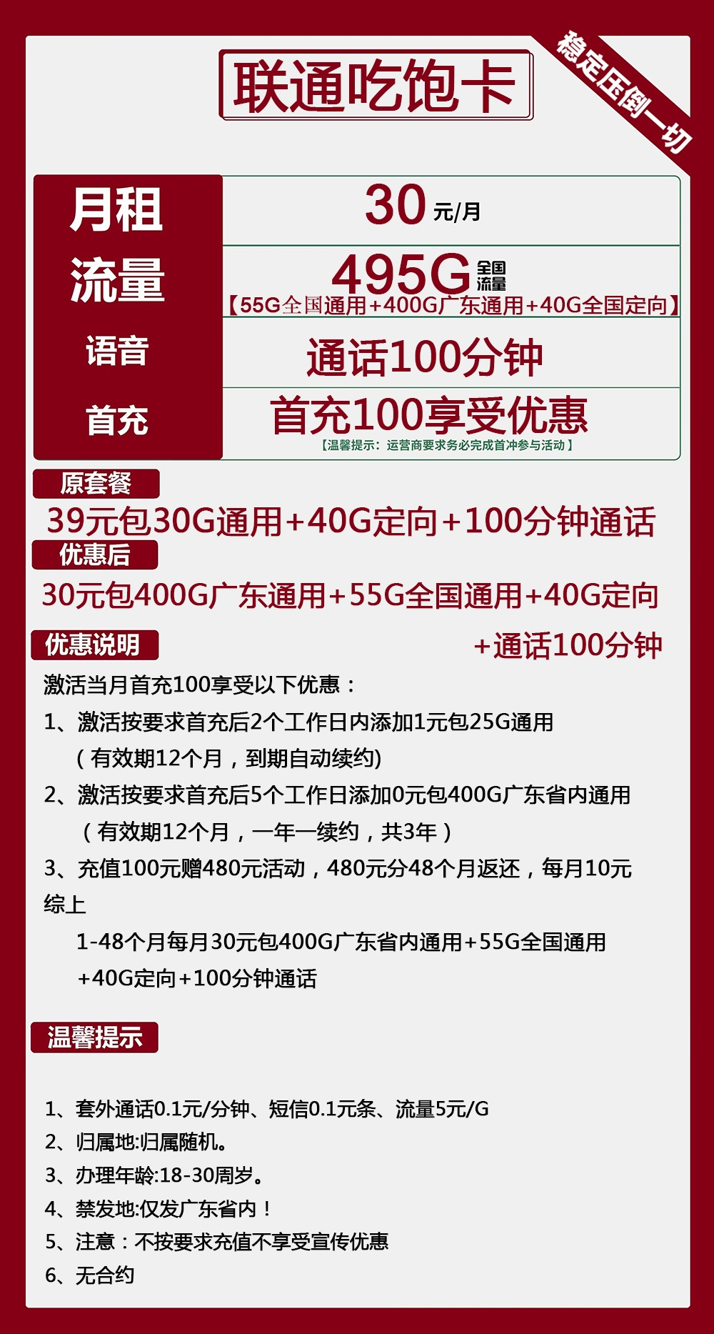 联通吃饱卡30元包400G广东通用+55G全国通用+40G定向+100分钟