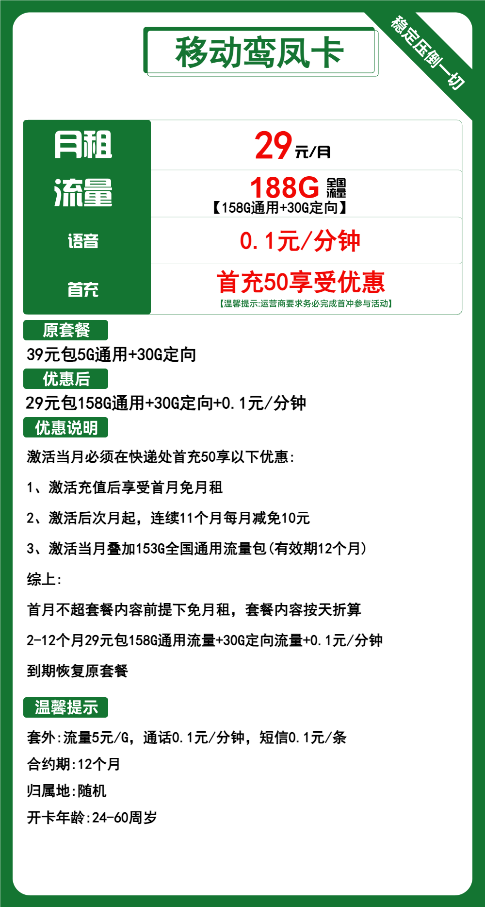 移动鸾凤卡29元包158G通用+30G定向+通话0.1元/分钟