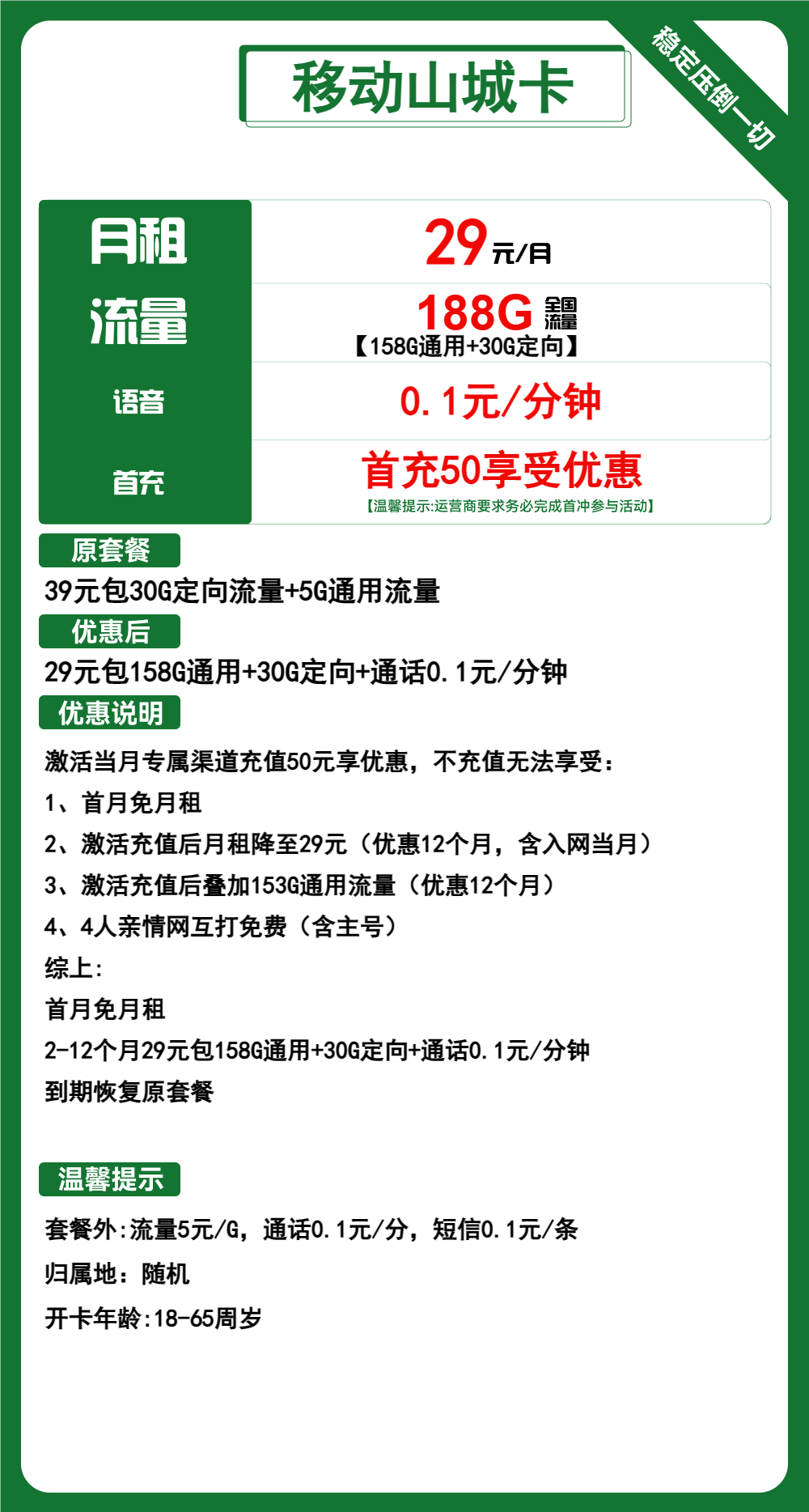 移动山城卡29元包158G通用+30G定向+通话0.1元/分钟