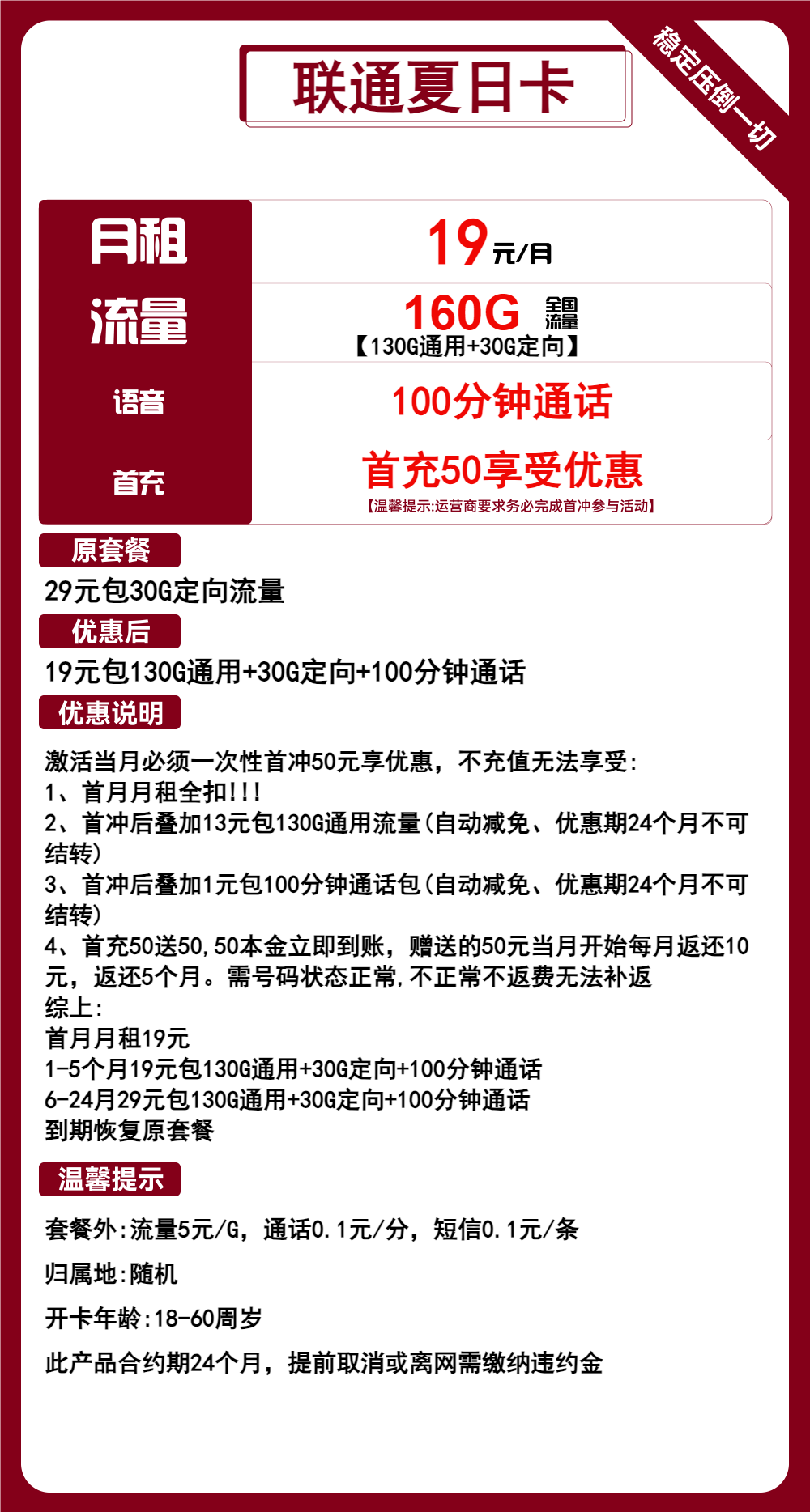 联通夏日卡19元包130G通用+30G定向+100分钟通话