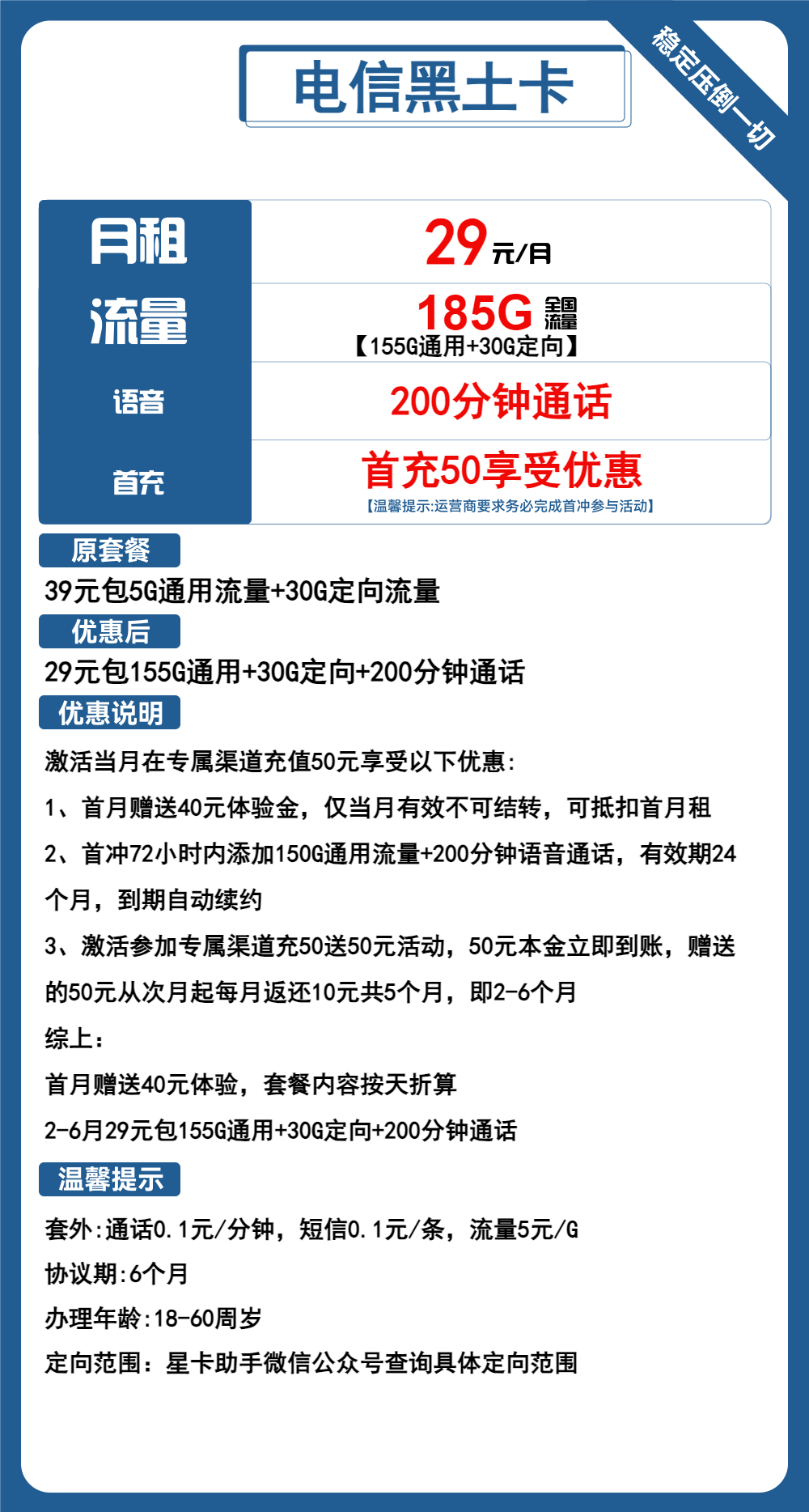 电信黑土卡29元包155G通用+30G定向+200分钟通话