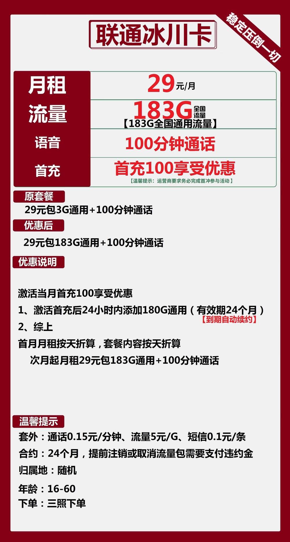 联通冰川卡29元包183G通用+100分钟通话