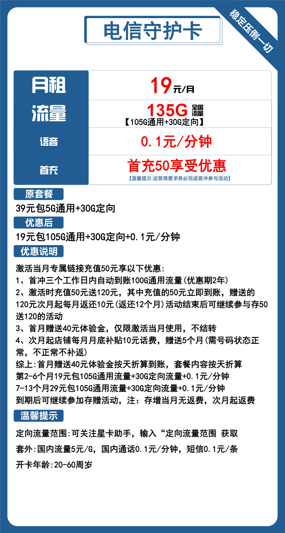 电信守护卡19元包105G通用+30G定向+通话0.1元/分钟