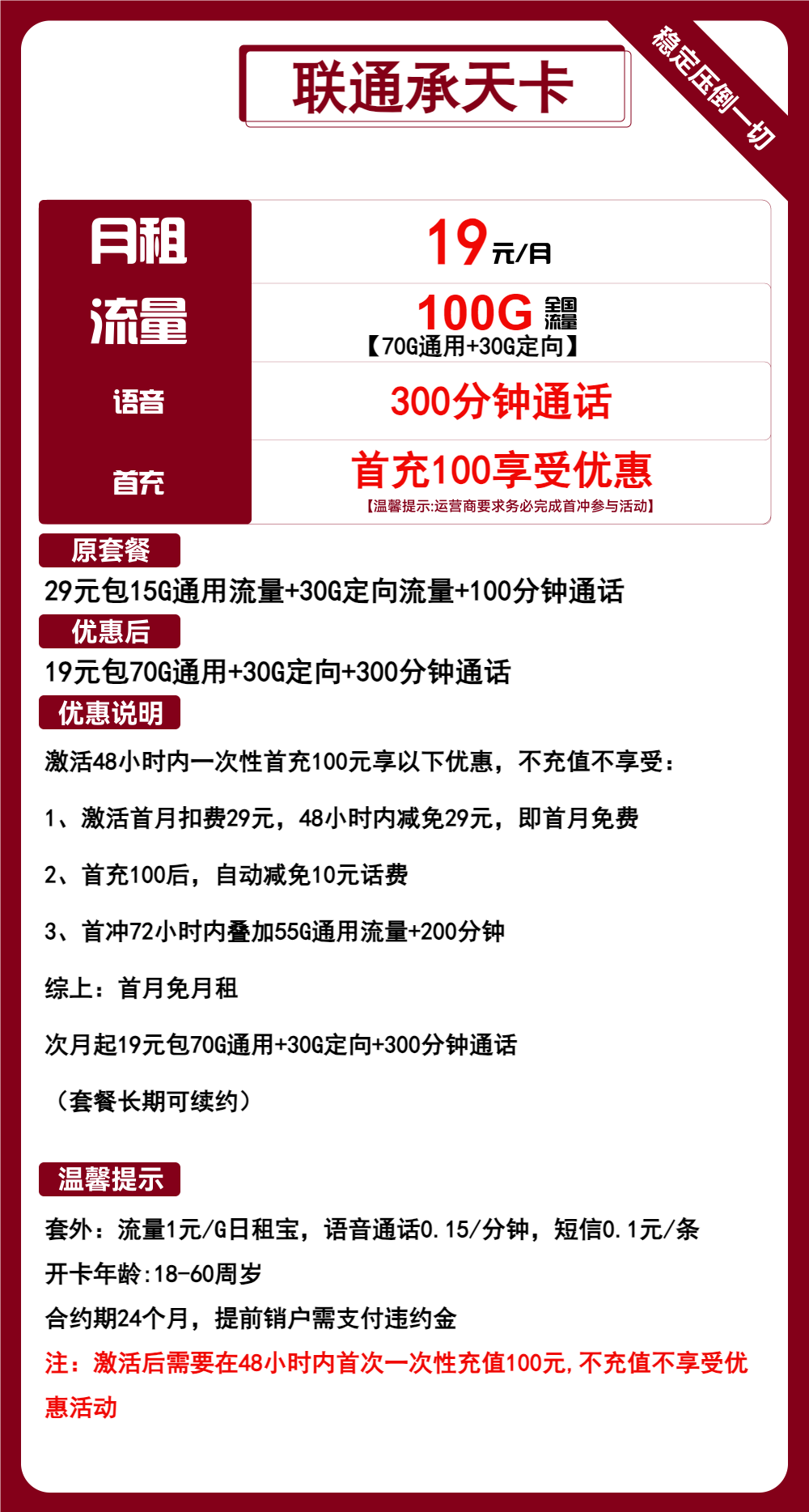 联通承天卡19元包70G通用+30G定向+300分钟通话