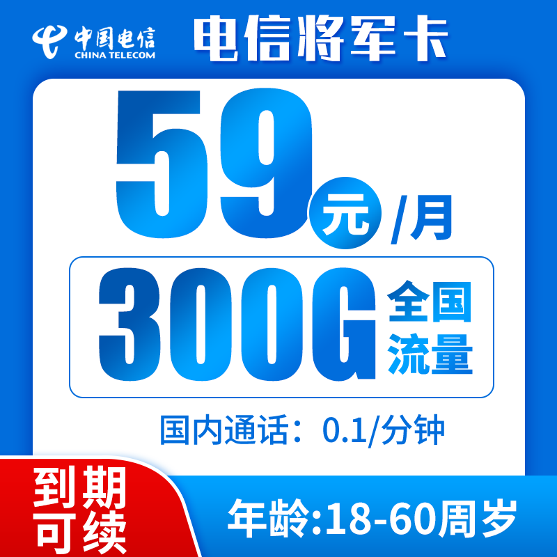 电信将军卡59元300G+0.1元/分钟（到期可续，流量可结转）