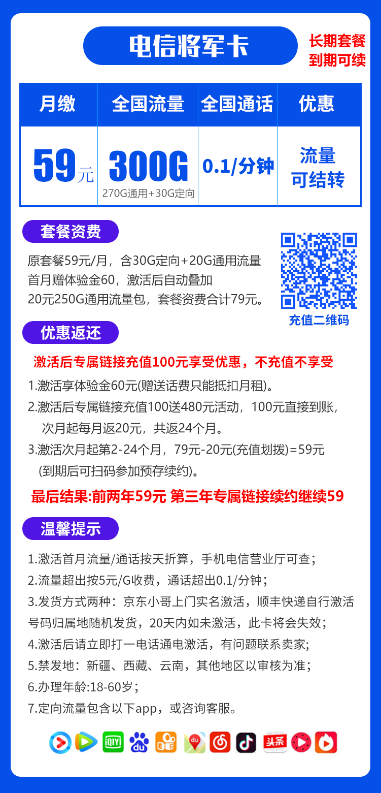 电信将军卡59元300G+0.1元/分钟（到期可续，流量可结转）