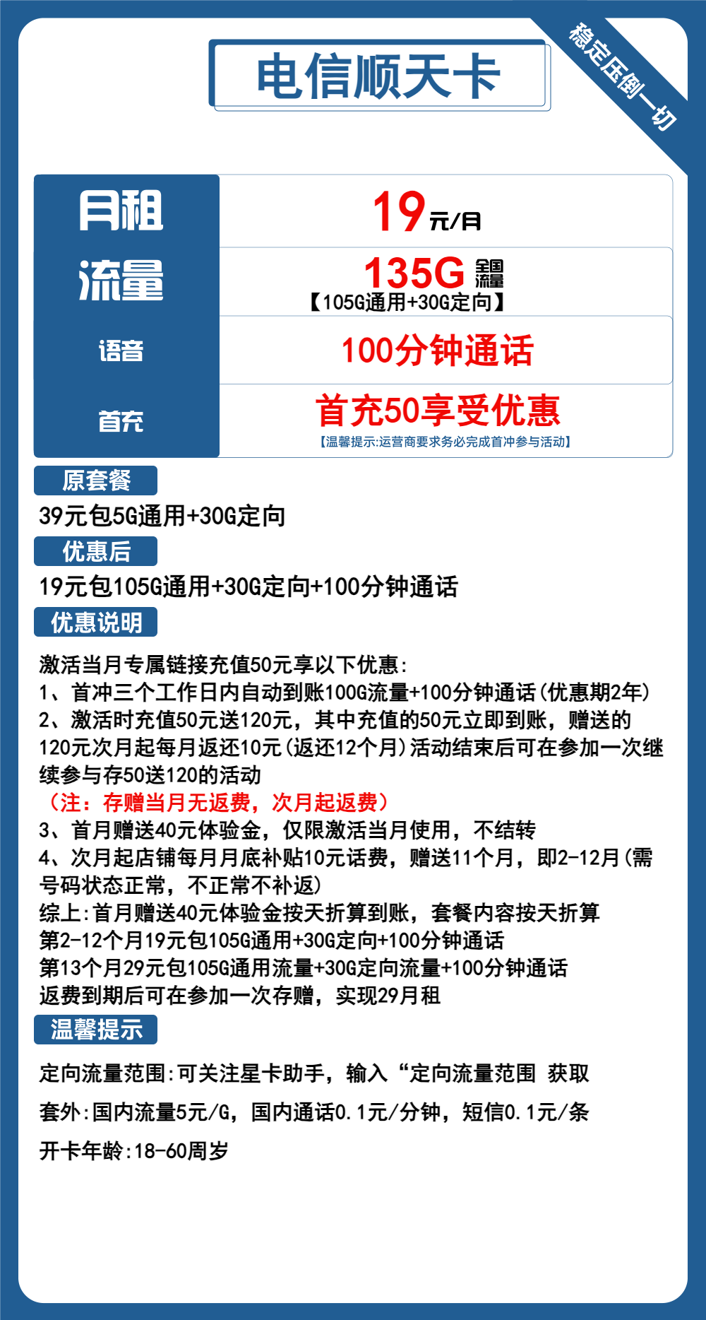 电信顺天卡19元包105G通用+30G定向+100分钟通话